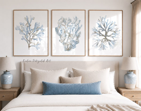 Nautische Aquarelle, 3er-Set marineblaue Kunstdrucke, Hamptons Stil