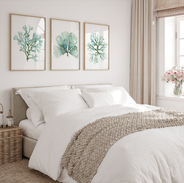 Watercolor Coastal Seaweed Wall Art Set – Green Ocean Botanical Collection