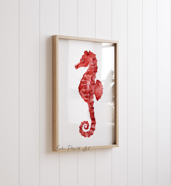 Set of 4 Red Coastal Wall Art Prints – Watercolour Sea Animals Artwork for Beach House & Nautical Bathroom Decor | Lobster, Octopus, Crab, Seahorse