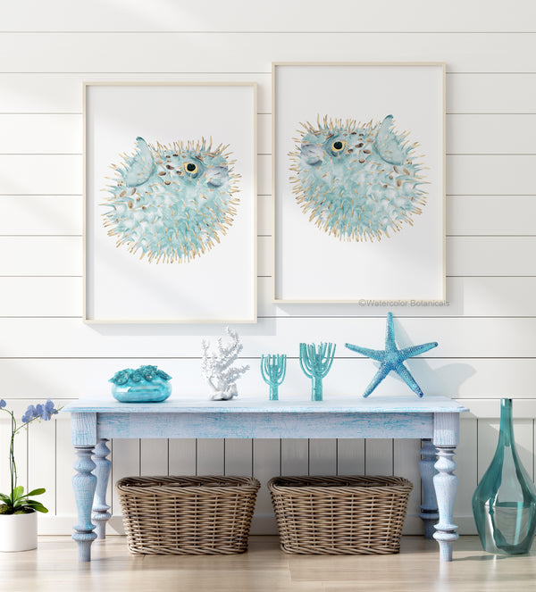 Aquarell Kugelfisch Poster Set 2 – Minimalistische Maritime Wandbilder im Coastal Stil