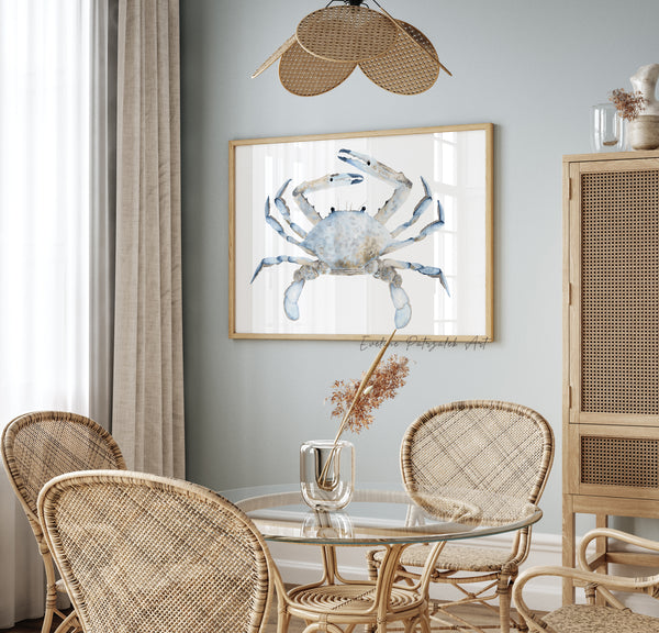 Blauer Krabben Aquarell Kunstdruck – Modernes Coastal Wandbild für Strandhäuser