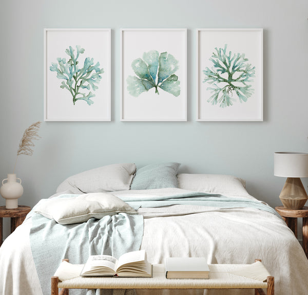 Watercolor Coastal Seaweed Wall Art Set – Green Ocean Botanical Collection