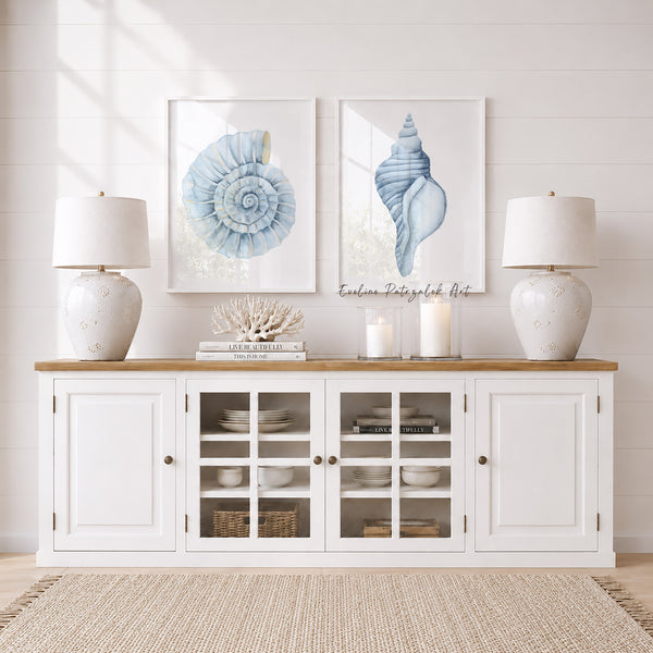 Ammonite & Conch Shell Wall Art – Minimalist Coastal Art Set