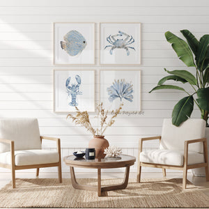 Coastal watercolor prints for modern interiors, set of 4