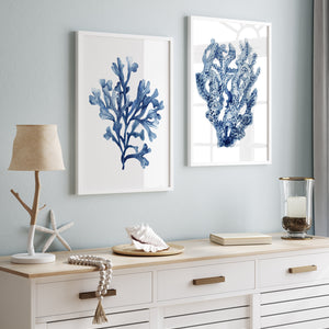 Blue Coral Botanical Wall Art Set of 2 Watercolor Coastal Prints for Beach House Decor