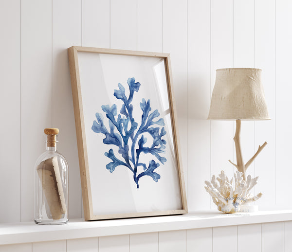 Framed blue coral art print on a white shelf with decorative items.