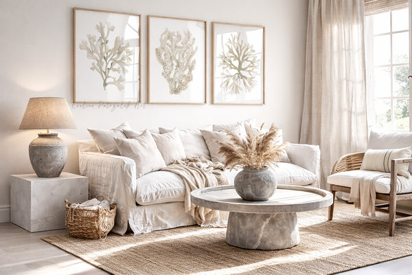 Airy, neutral-toned living room in a coastal inspired style featuring a soft cream sofa styled with natural beige linen cushions. Three matching light wood frames with subtle beige coral artwork are displayed above the couch. A textured stone lamp with a linen shade rests on a white marble side table to the left. Centered in the space, a round coffee table showcases a stone vase filled with pampas grass. A wooden armchair with light upholstery sits to the right, while sheer beige linen curtains gently 