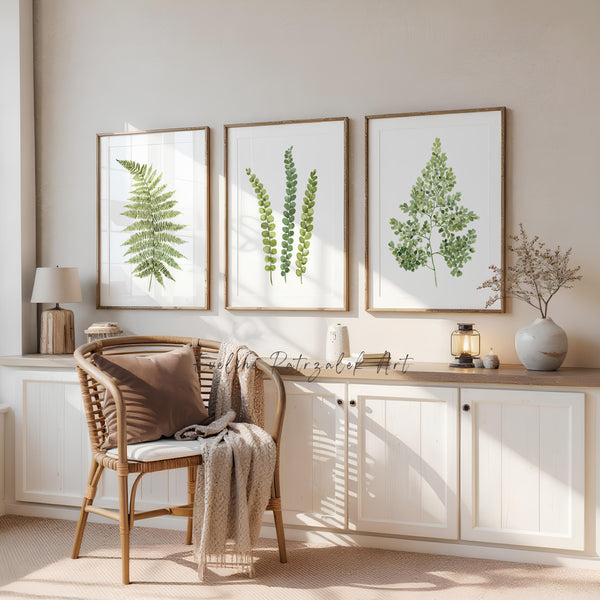 Green Fern Wall Art Set of 3 Botanical Prints for Modern Interiors and Living Room Decor