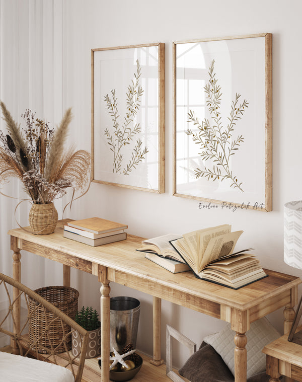 Mediterranean Olive Tree Botanical Prints – Neutral Modern Farmhouse Wall Art Set of 2