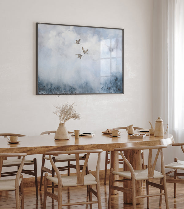 Blaues Landschaftsbild Wandbild – Kraniche Kunstdruck, Japandi Minimalistisch Aquarell Poster