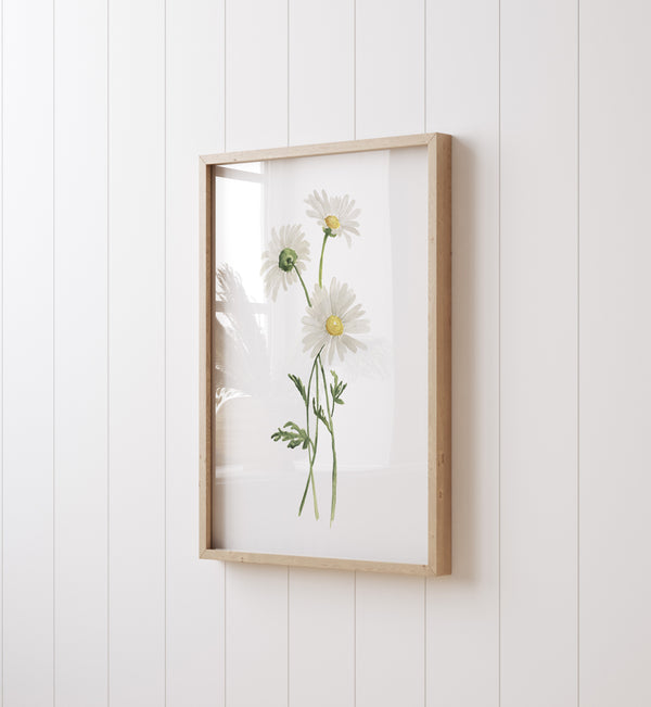 Framed artwork of daisies on a white wall