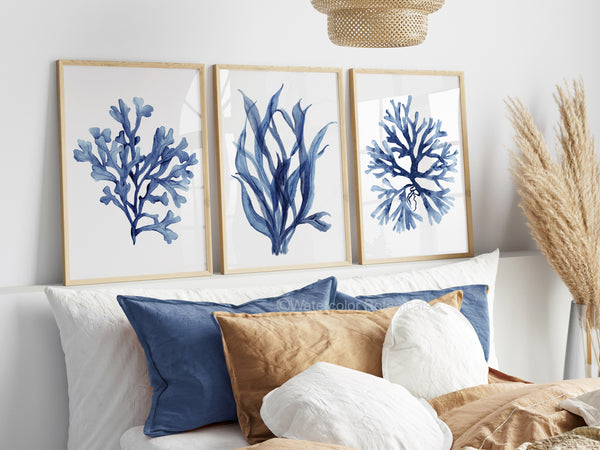Seaweed and coral fine art posters in navy blue tones