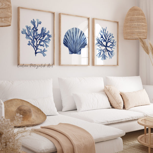 Blue Coastal Wall Art Set of 3 – Coral and Seashell Prints, Ocean Beach House Decor