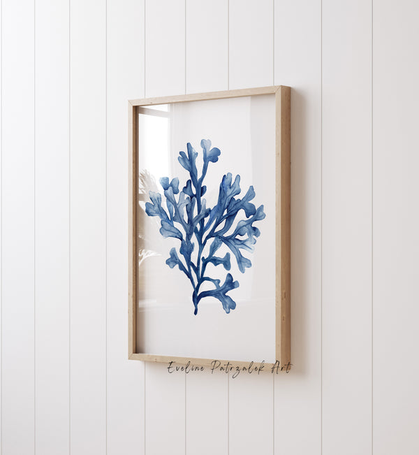 Coastal Scandi Coral Wall Art Prints Set of 2 – Navy Blue Ocean Decor for Beach House Living Room or Dining Room
