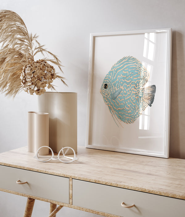 Minimalistisches Mallorca Fisch Poster in Mintgrün – Aquarell Meerestiere Wandbild für moderne Küsten-Deko – Ohne Rahmen