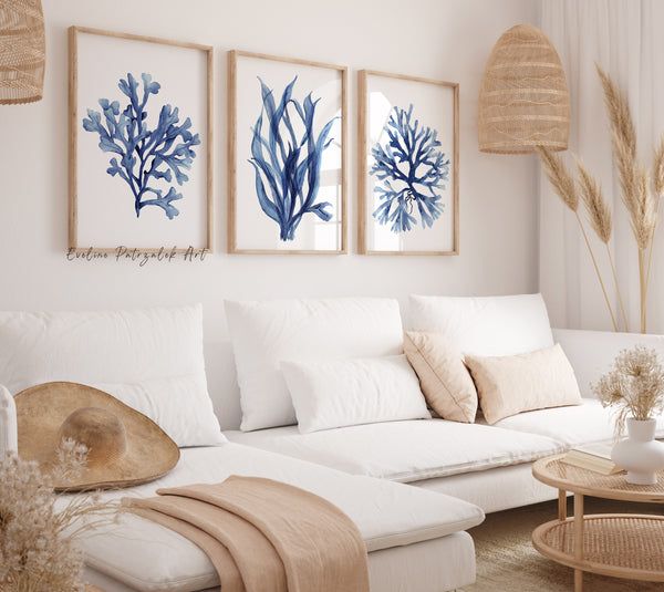 Seaweed and coral fine art posters in navy blue tones