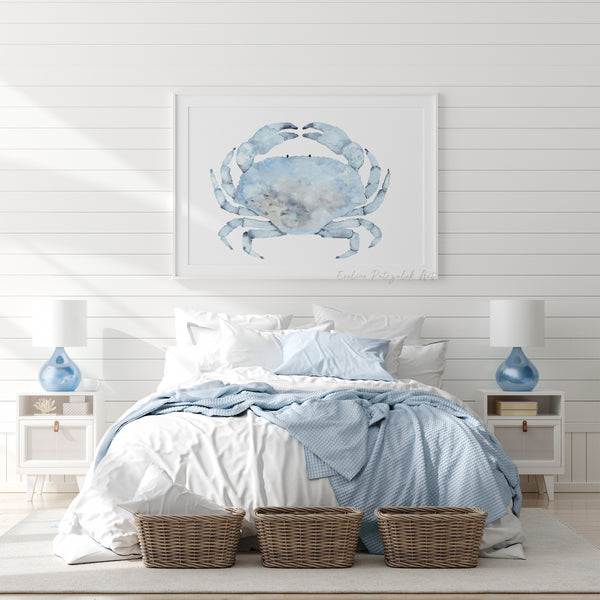 Bedroom with a large framed picture of a blue crab on the wall.