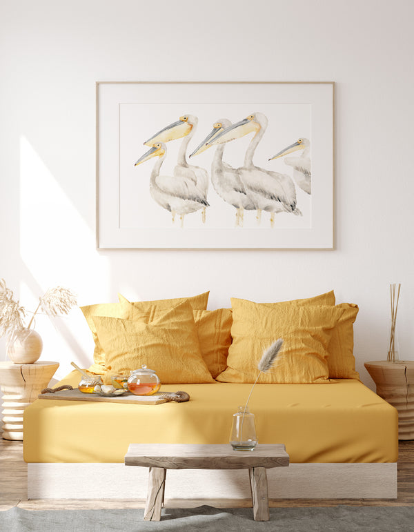 Watercolor pelican wall art with abstract design