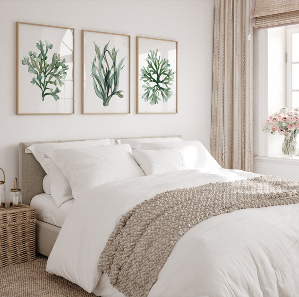 A trio of framed watercolor paintings depicting vibrant green seaweed and coral creates a serene and inviting atmosphere in a bedroom.