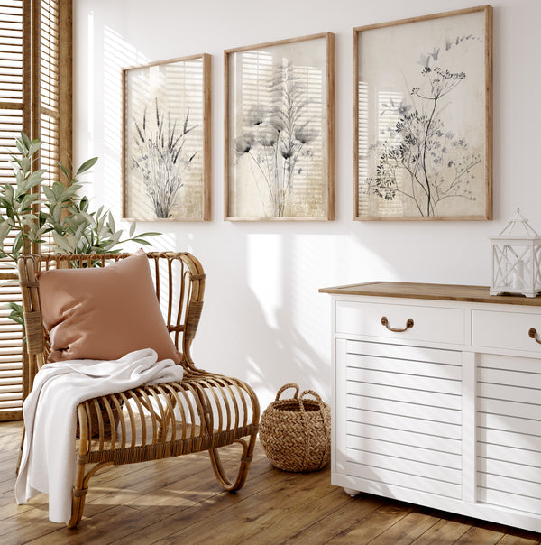 Three framed prints showcasing delicate botanical designs in muted colors, creating a calming and elegant atmosphere above a rattan chair in a sunlit living room.