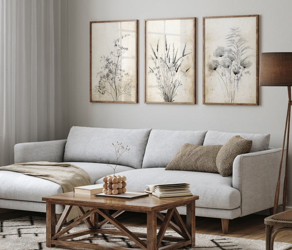 Three framed prints showcasing delicate botanical designs in muted colors, creating a calming and elegant atmosphere above a sofa in a living room with natural light.