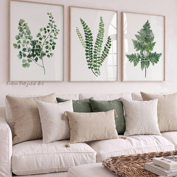 Grüne Farn-Wandbilder 3er-Set – Botanische Aquarell-Kunstdrucke mit Farn & Blättern, moderne Natur-Deko