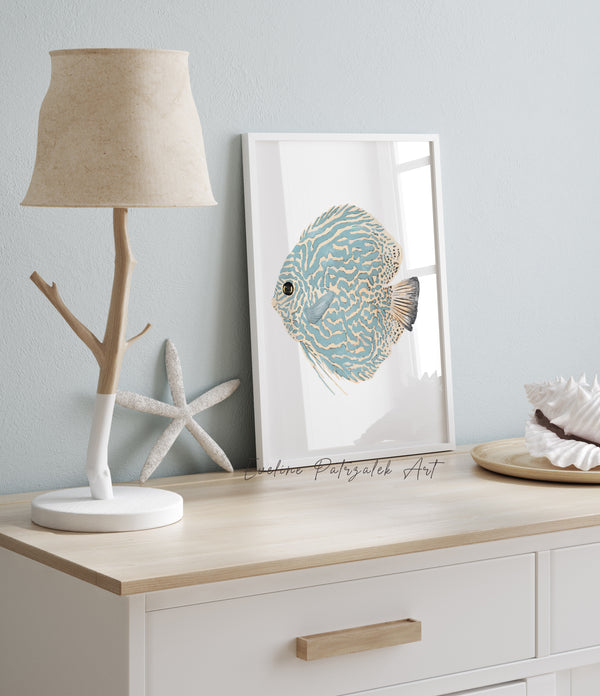 Coastal Petrol Wandbilder Set – 4 Aquarell Meeresmotive mit Fisch, Seestern, Koralle & Muschel