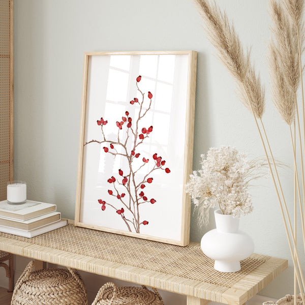 Aquarell Hagebutten Zweig Poster – Botanisches Wandbild – Skandinavische Herbst Dekoration