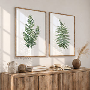 Green Fern & Palm Leaf Wall Art Set of 2 – Botanical Watercolor Prints