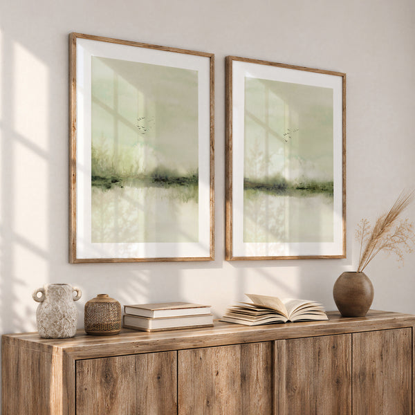 Green Landscape Wall Art Set of 2 – Abstract Watercolor Japandi Prints