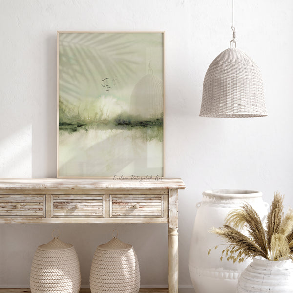 Green Landscape Wall Art Set of 3 – Abstract Watercolor Japandi Prints