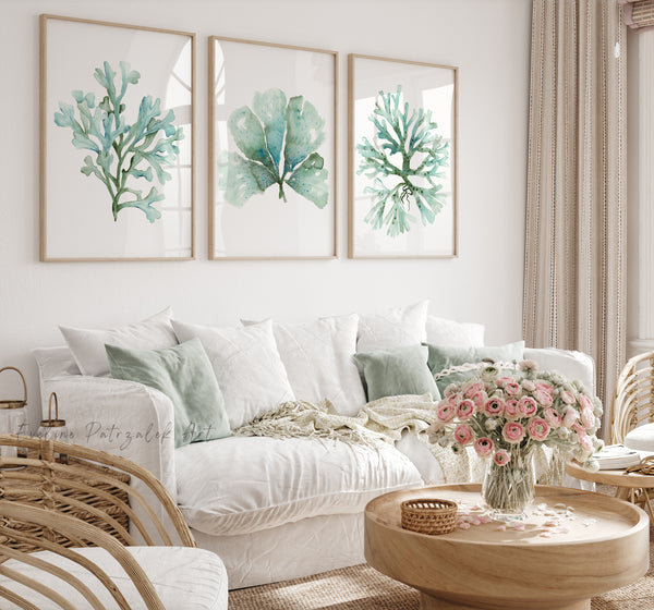 Living room with white sofa, framed green leaf prints, and a wooden coffee table with flowers.