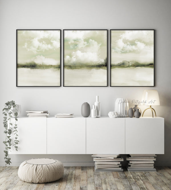 Wolken Landschaft Wandkunst 3er-Set – Japandi Abstrakte Salbeigrün Sage Green Prints für moderne minimalistische Räume