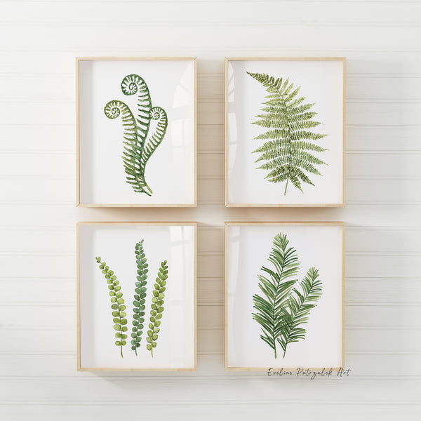 Green Fern Botanical Art Set – 4 Watercolor Prints for Scandinavian and Modern Interiors