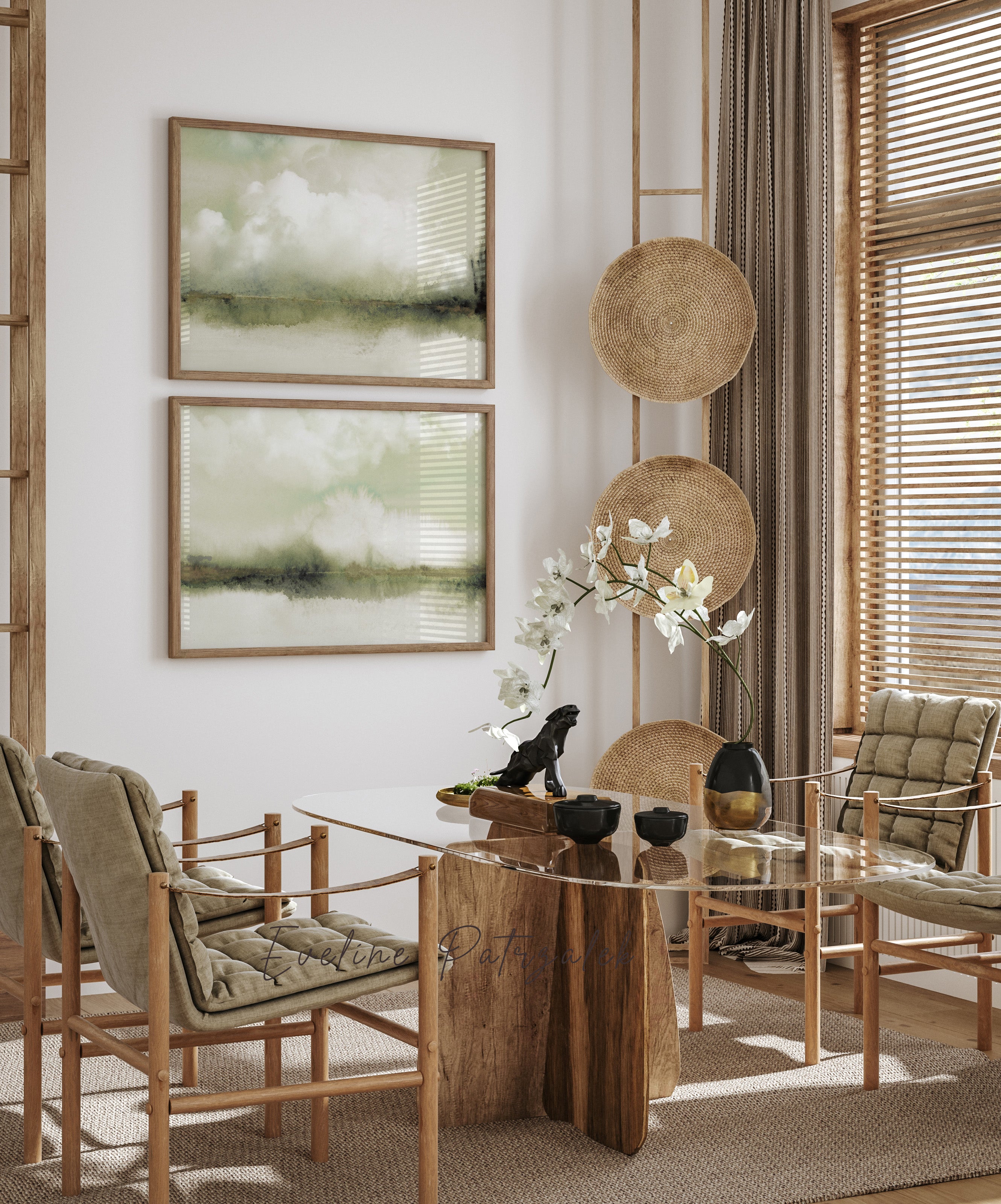 Sage Green Wall Art Set of 2 Prints – Japandi Cloud Landscape