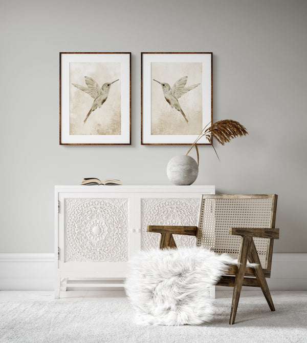 Vintage hummingbird wall art set of 2 prints