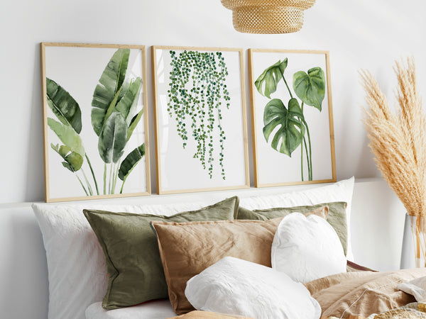 Three rectangular, light wood-framed prints featuring detailed watercolor illustrations of tropical plants are displayed above a white upholstered headboard in a bedroom. The prints depict, from left to right: a banana plant with large, textured leaves; a cascading hanging plant with small, round leaves; and a monstera plant with distinctive split leaves. The bed is made with a beige duvet and has several pillows in shades of green, brown, and white. A large, tan woven pendant light hangs above the bed. 