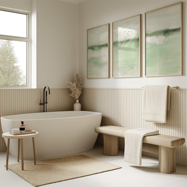 Watercolor paintings of abstract landscapes in soft sage green tones add a touch of nature to a bathroom with a bathtub, a wooden bench, and a round rug.