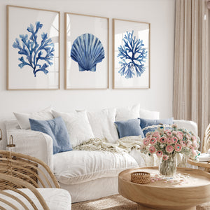 Indigo Coastal Corals – Watercolor Wall Art Set of 3 | Modern Beach Prints for Living Room