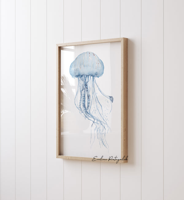 Blaue Quallen Wandbilder Set aus 2 – Minimalistische Aquarell Poster, Skandinavische Küsten-Deko für modernes Strandhaus