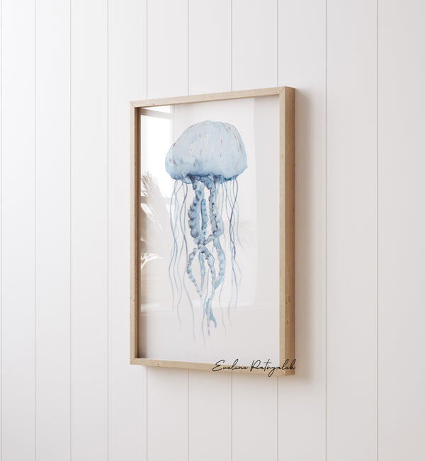 Blaue Quallen Wandbilder Set aus 2 – Minimalistische Aquarell Poster, Skandinavische Küsten-Deko für modernes Strandhaus