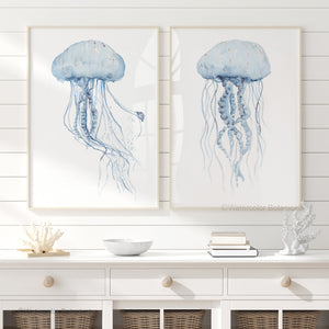 Blue Jellyfish Prints Set of 2 – Abstract Watercolor Ocean Wall Art for Coastal, Nautical, and Beach House Interiors