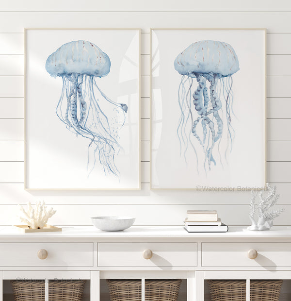 Blaue Quallen Wandbilder Set aus 2 – Minimalistische Aquarell Poster, Skandinavische Küsten-Deko für modernes Strandhaus