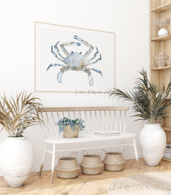 Blauer Krabben Aquarell Kunstdruck – Modernes Coastal Wandbild für Strandhäuser
