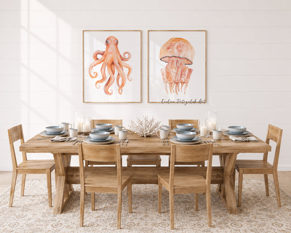 Dining room with wooden table and chairs, set for a meal, featuring framed artwork of octopus and jellyfish on teh wall