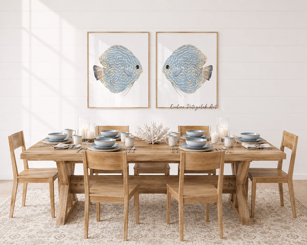 Blue Coastal Wall Art – Minimalist Fish Prints, Set of 2 - Nautical Beach House Decor - Artwork for Modern Interiors