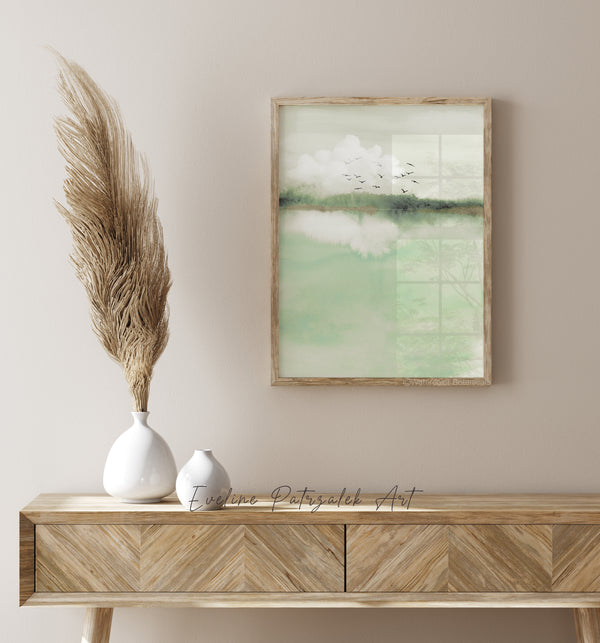Grüne Landschaft Wandkunst – Minimalistisches Japandi Aquarell mit Vögeln und Wolken