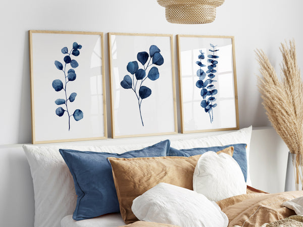 Watercolor Eucalyptus Wall Art Set of 3 – Navy Blue Botanical Prints for Modern Bedroom or Living Room