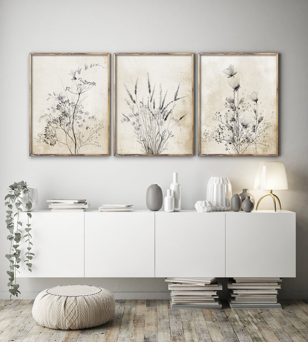 Modern Farmhouse American Art Set of 3 Prints – Neutral Black and Tan Botanical Wall Decor for Living Room, Bedroom, Rustic Country Home