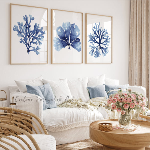 Hamptons-style navy coral wall posters, Set of 3